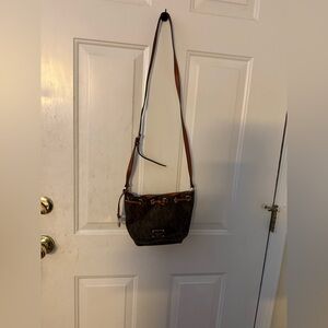 Michael Kors Brown Monogram Drawstring Crossbody with Tan Strap